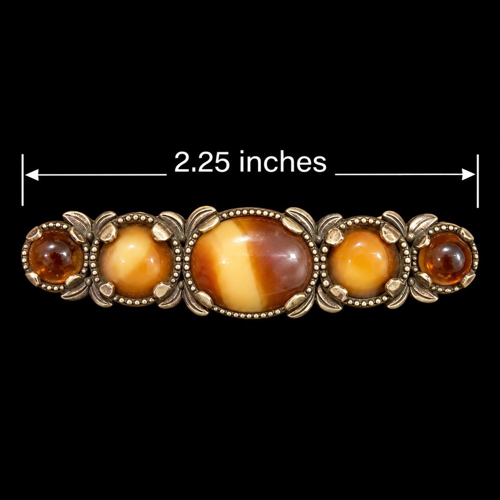 Miracle Bar Brooch Vtg Gold Tone Amber Faux Agate Glass Celtic Scottish 2.25"